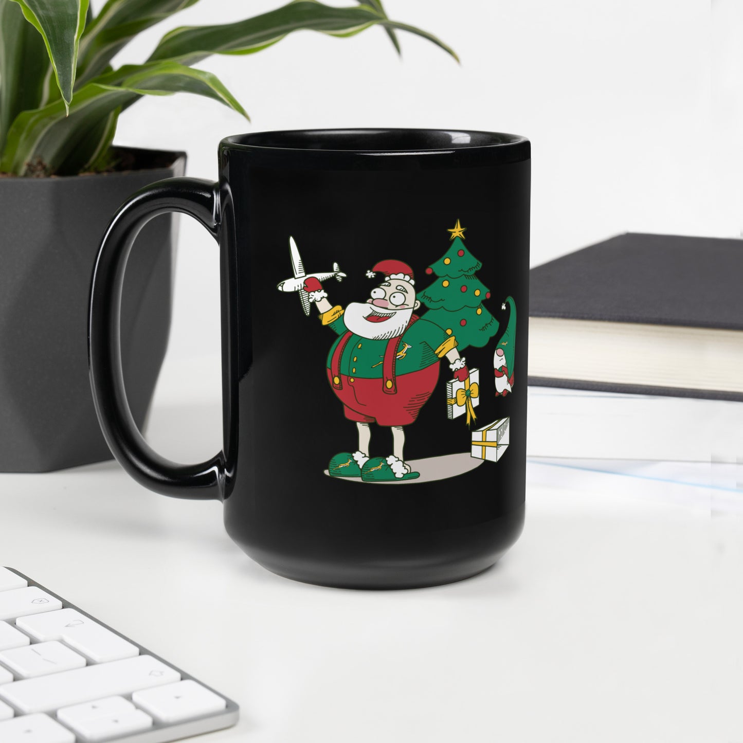 Santa Bok Fan with Plane Black Glossy Christmas Mug
