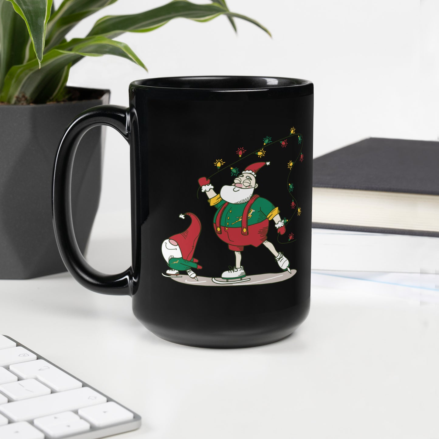 Santa Bok Fan Ice Skating Christmas Black Glossy Mug