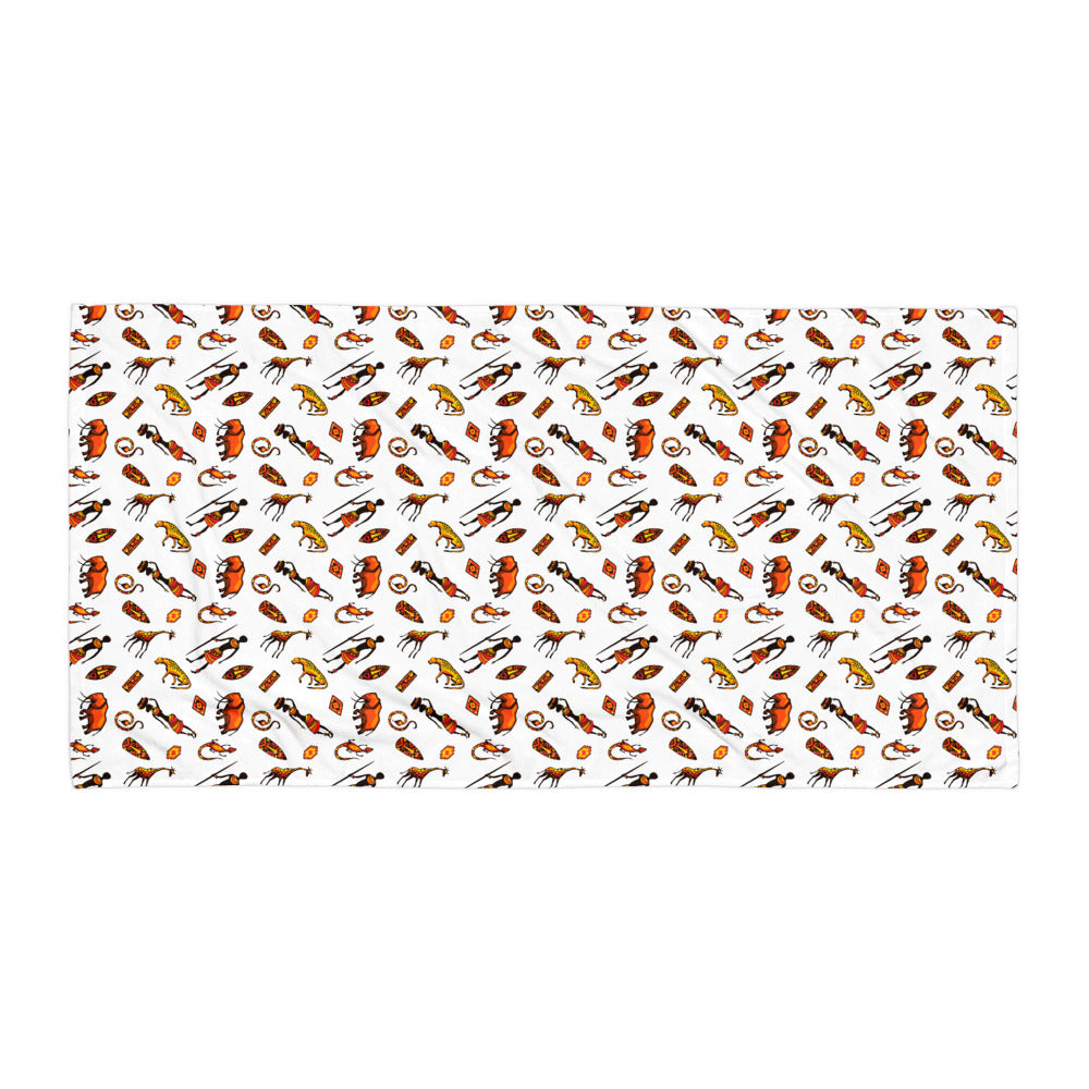 African Bushman & Wildlife Beach Towel - White