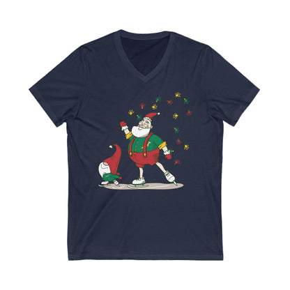 Santa Bok Fan Ice Skating Christmas Unisex Jersey Short Sleeve V-Neck Tee