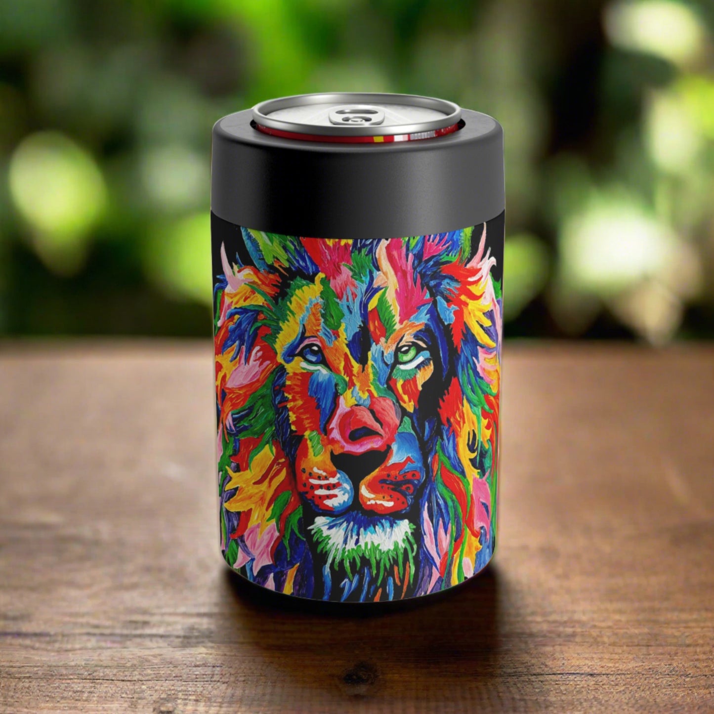 rainbow lion metal koozie