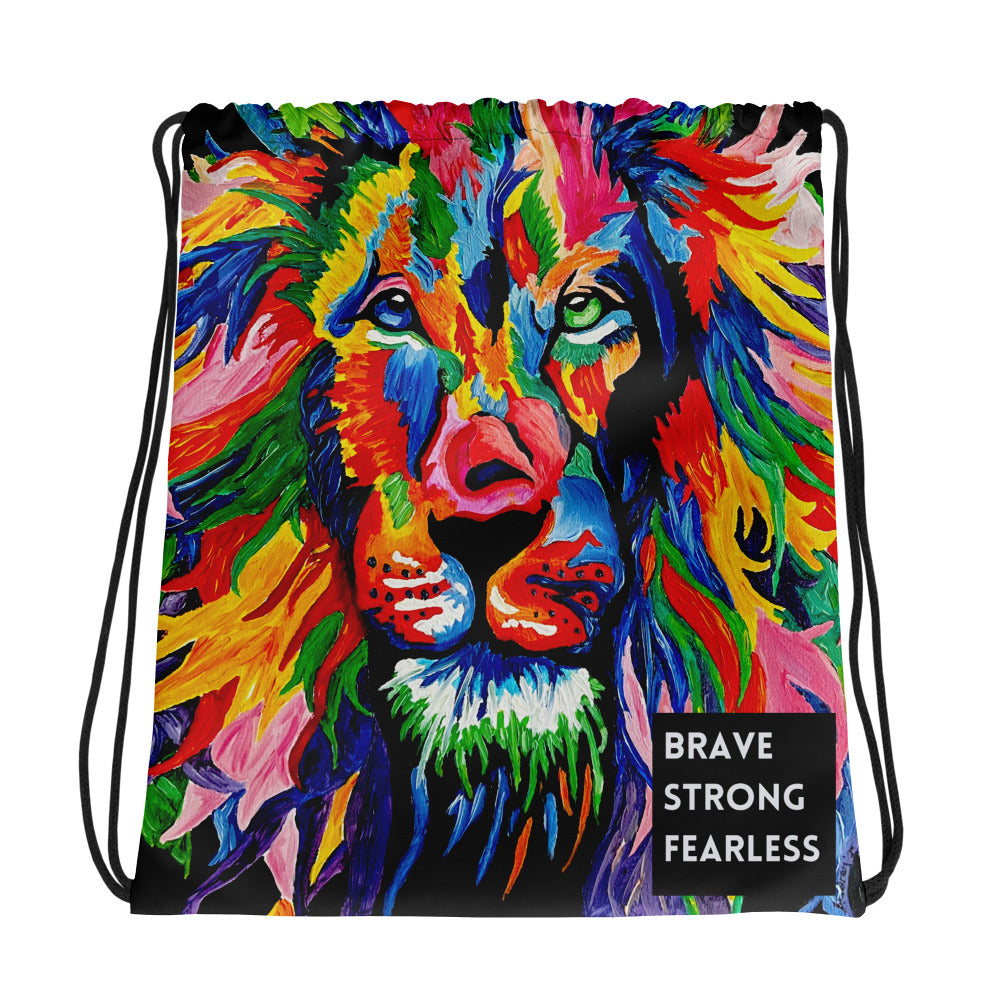 Brave, Strong, Fearless Lion Drawstring bag