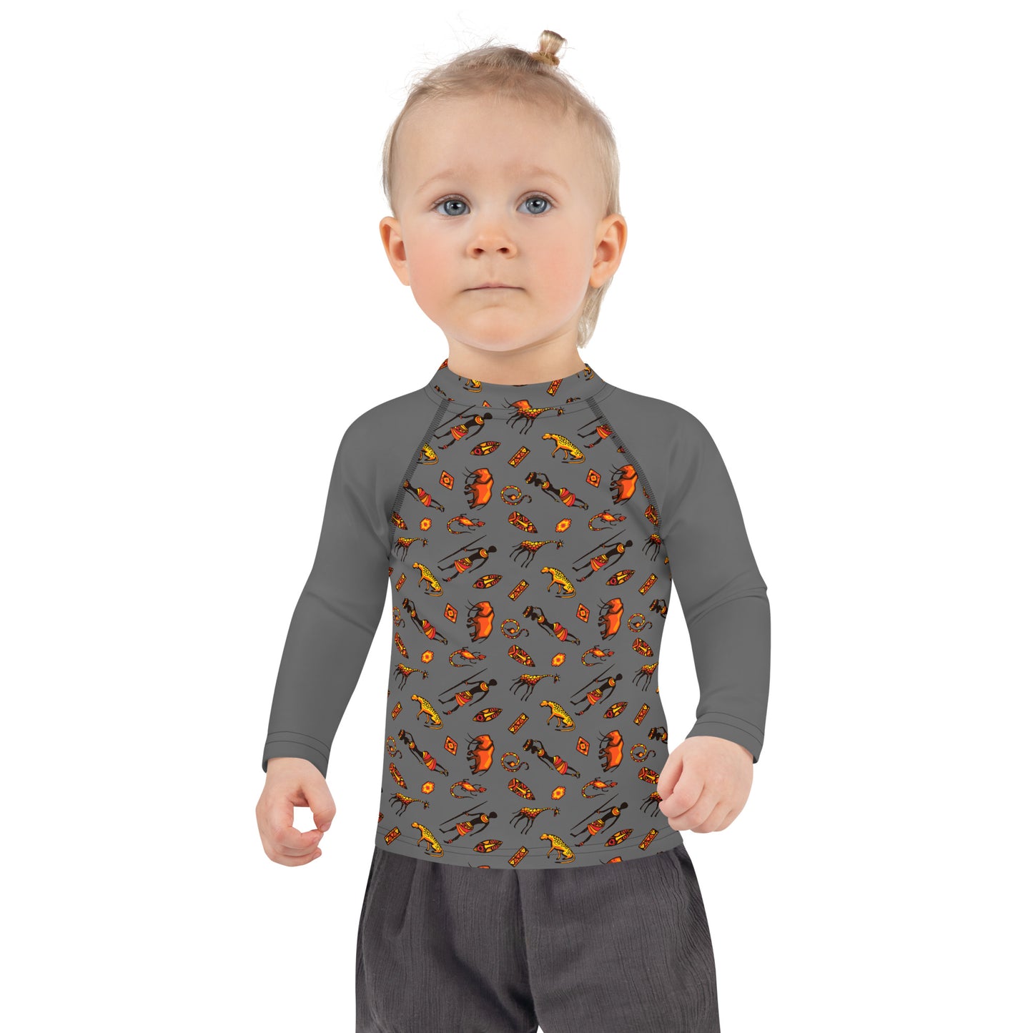 African Bushman & Wildlife Kids Rash Guard - Gray