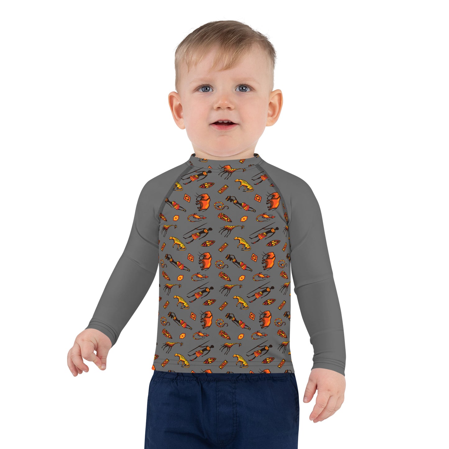 African Bushman & Wildlife Kids Rash Guard - Gray