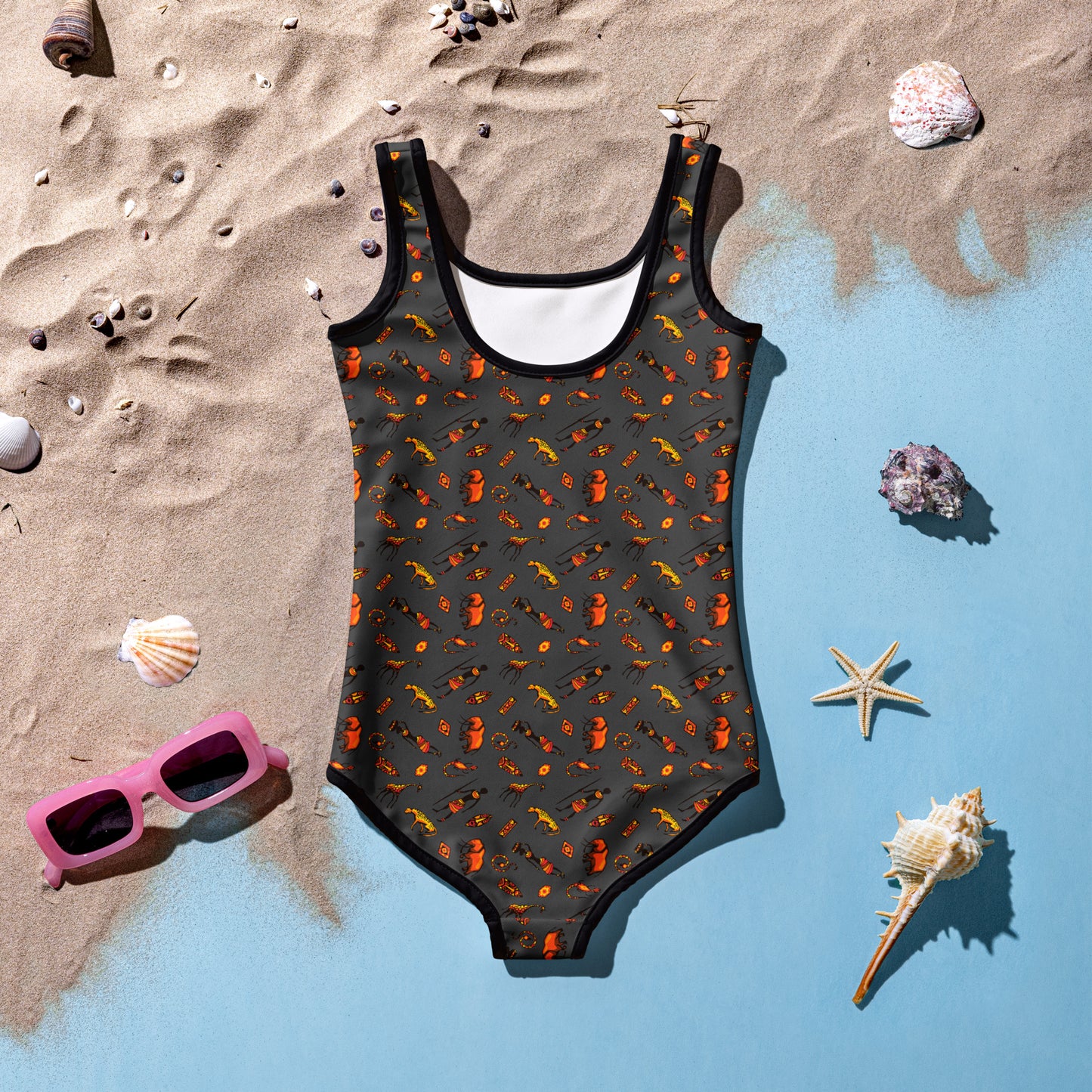 African Bushman & Wildlife Kids Swimsuit - Gray