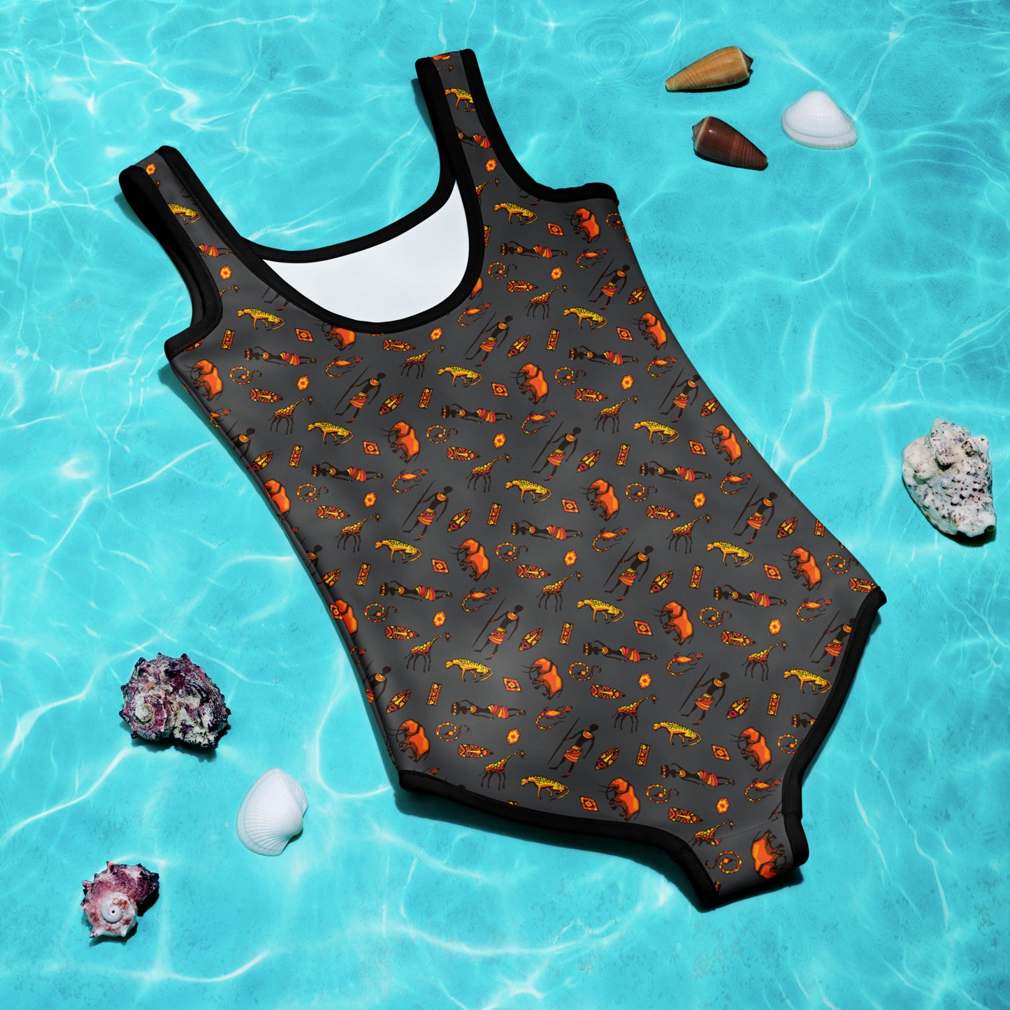 African Bushman & Wildlife Kids Swimsuit - Gray