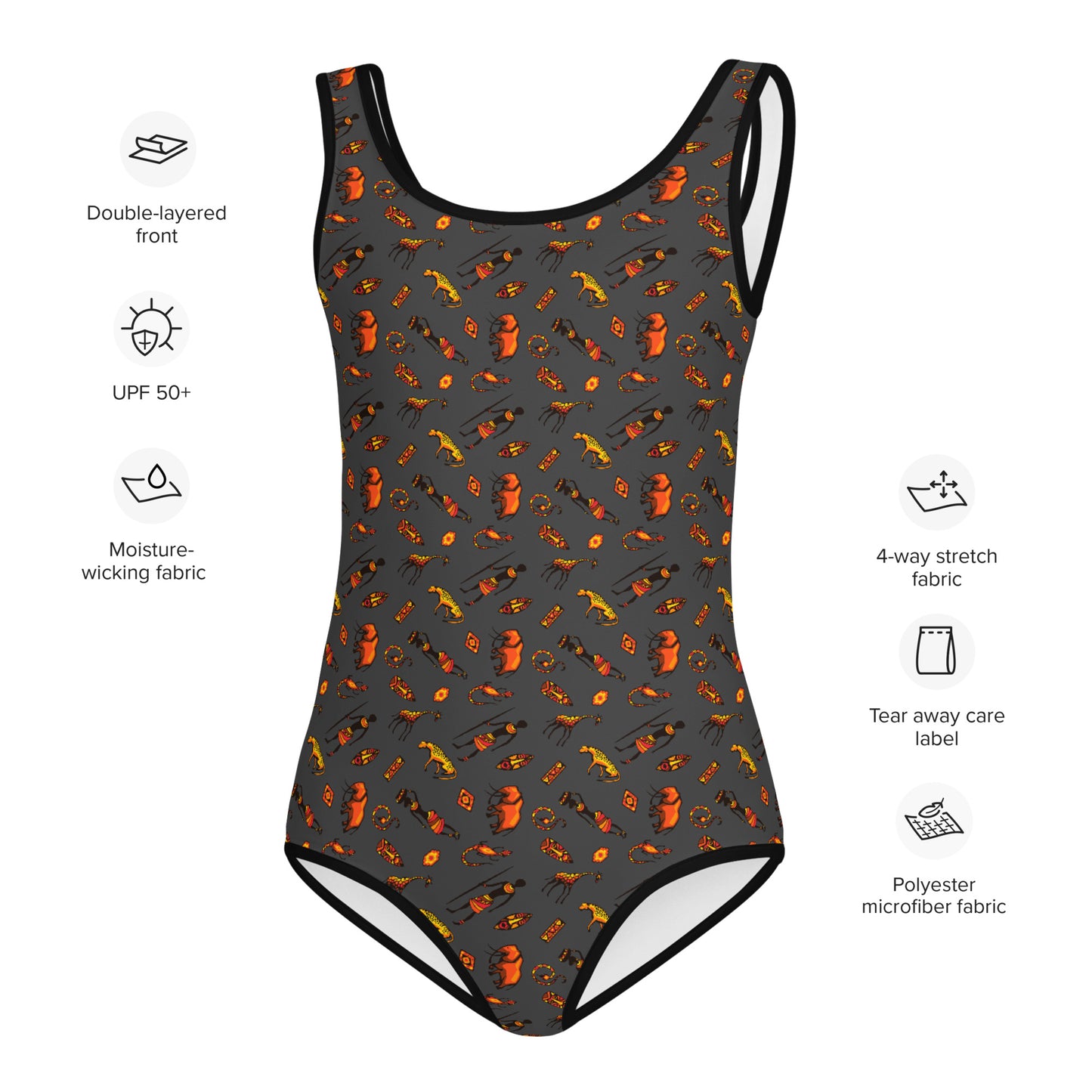 African Bushman & Wildlife Kids Swimsuit - Gray