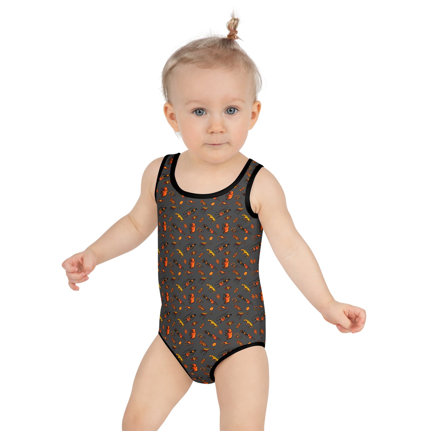 African Bushman & Wildlife Kids Swimsuit - Gray