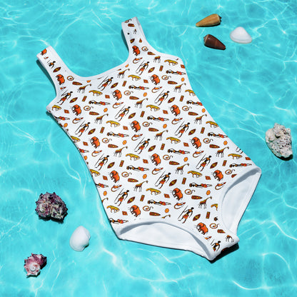 African Bushman & Wildlife Kids Swimsuit - White