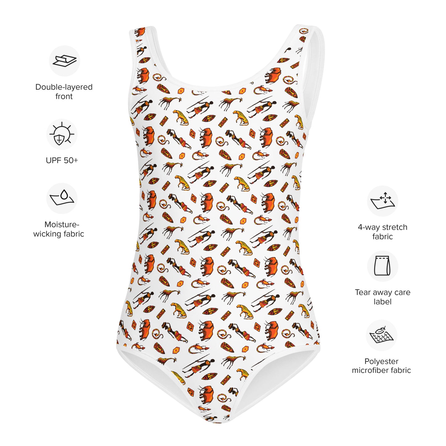 African Bushman & Wildlife Kids Swimsuit - White