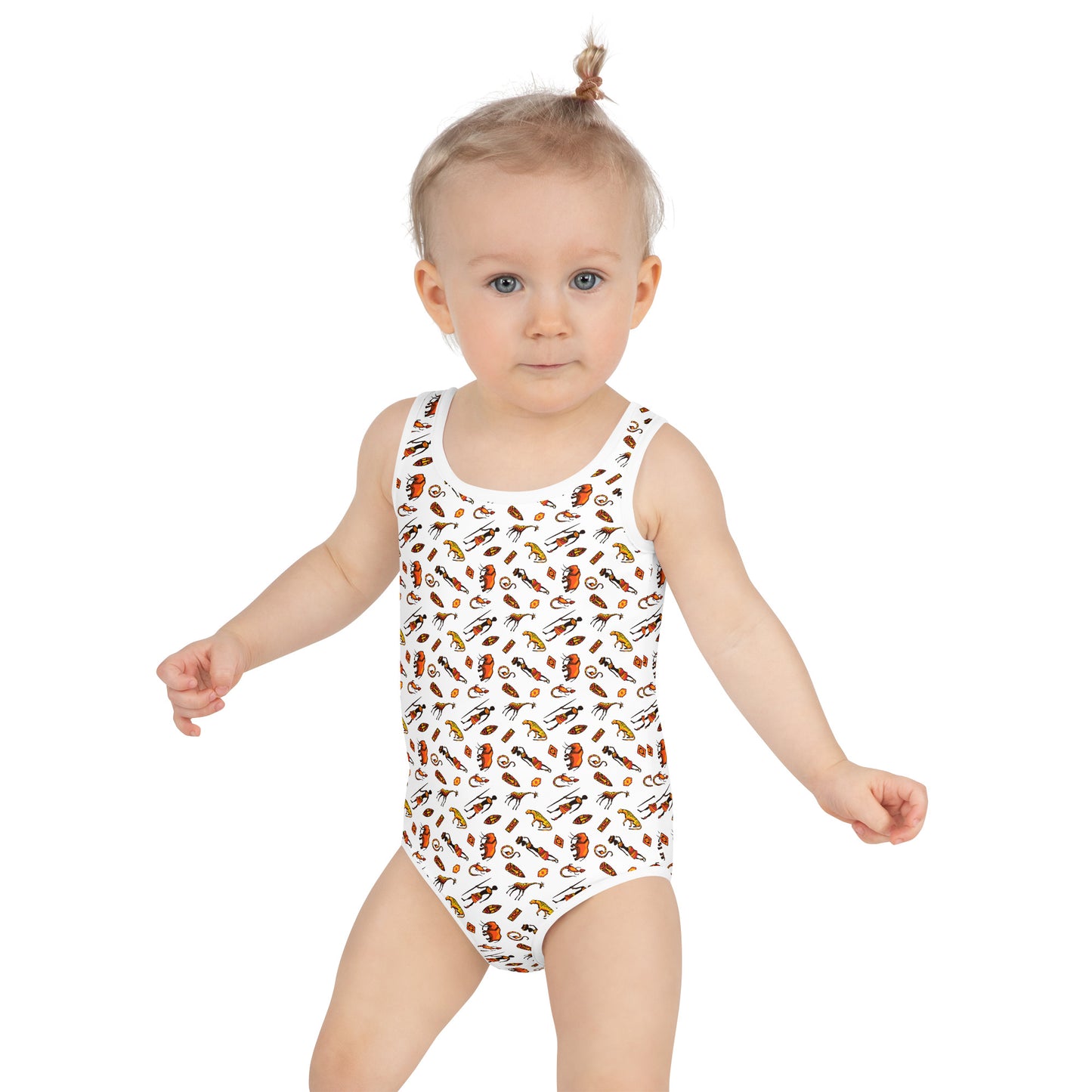 African Bushman & Wildlife Kids Swimsuit - White