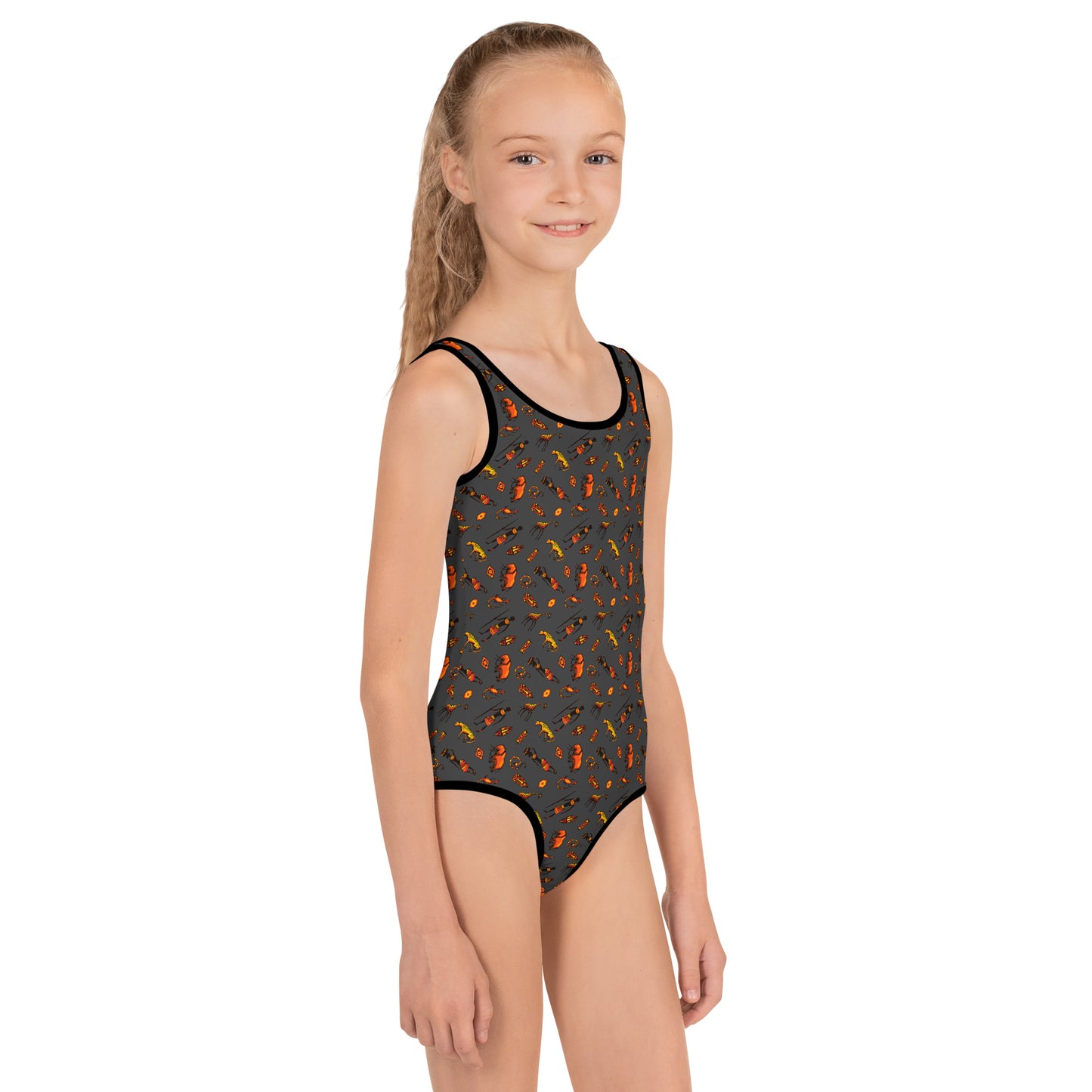 African Bushman & Wildlife Kids Swimsuit - Gray