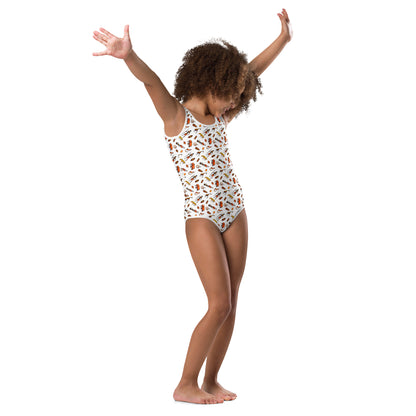 African Bushman & Wildlife Kids Swimsuit - White