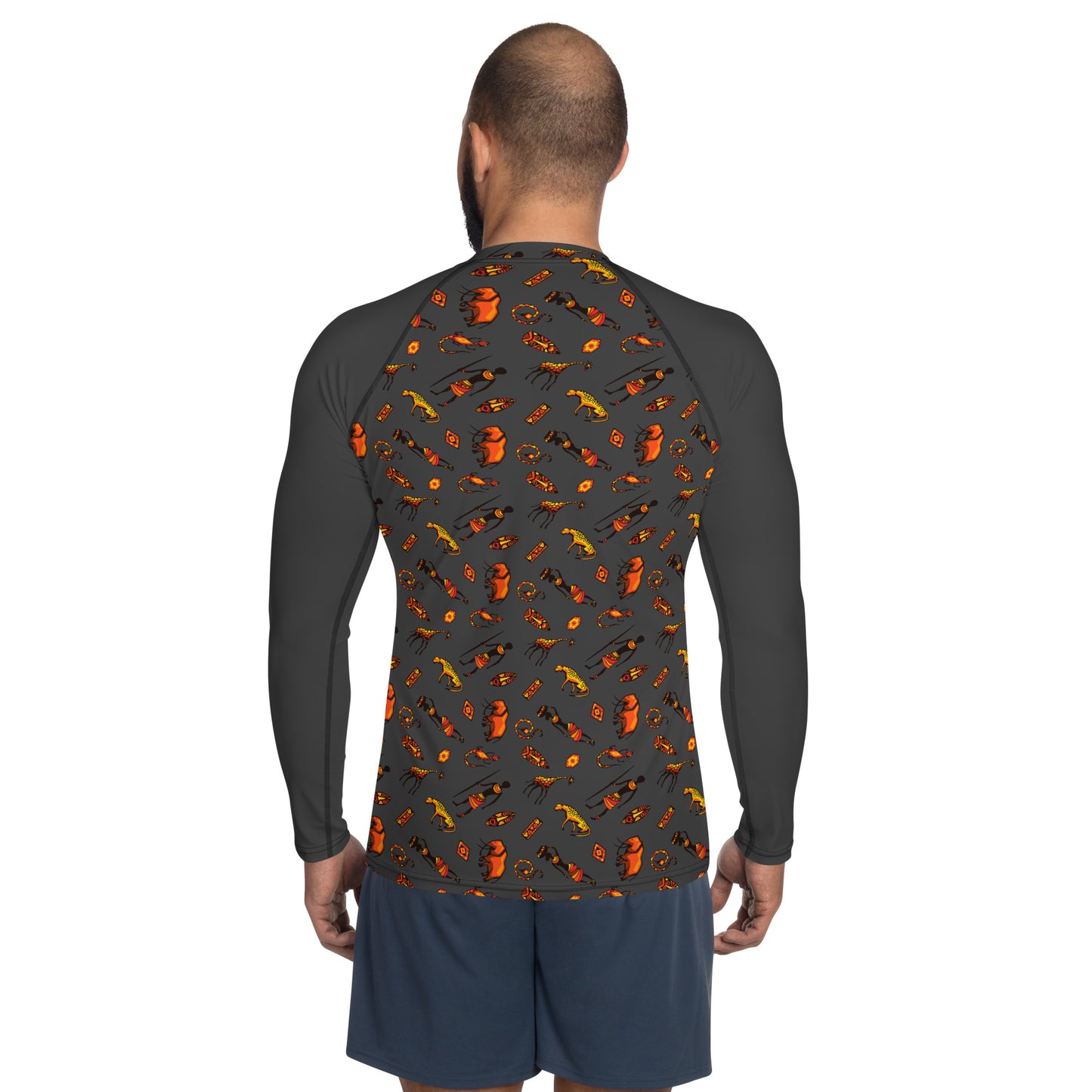 African Bushman & Wildlife Men's Rash Guard - Front/Gray