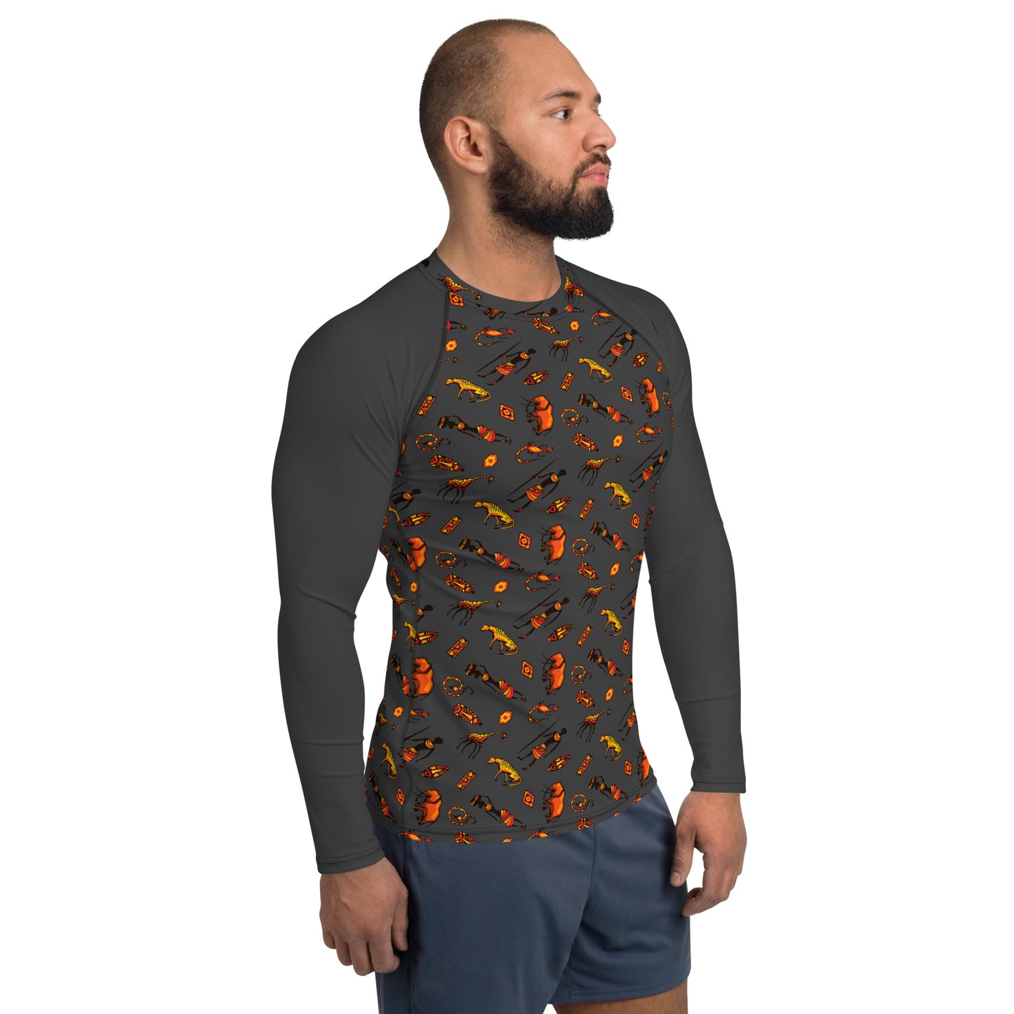 African Bushman & Wildlife Men's Rash Guard - Front/Gray