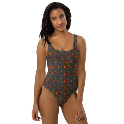 African Bushman & Wildlife One-Piece Swimsuit - Gray