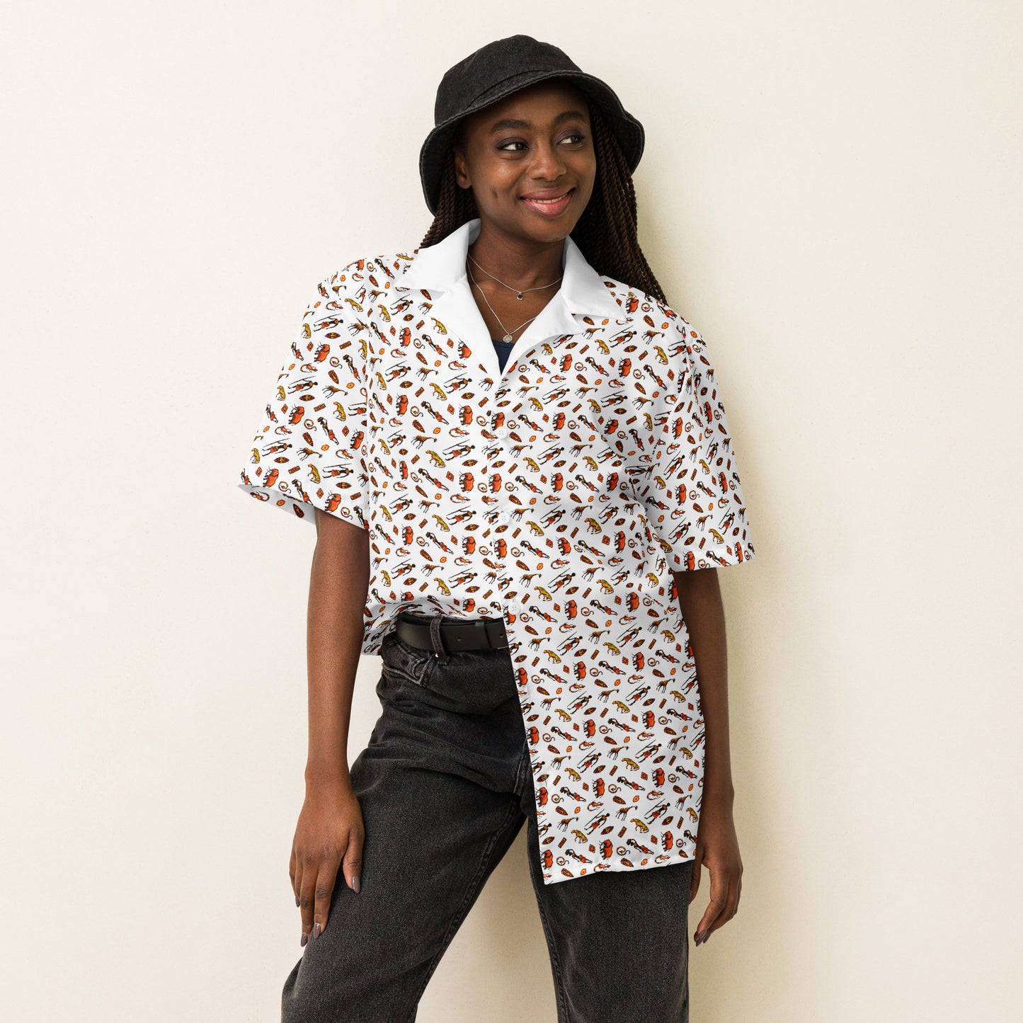 African Bushman & Wildlife Unisex button shirt - White