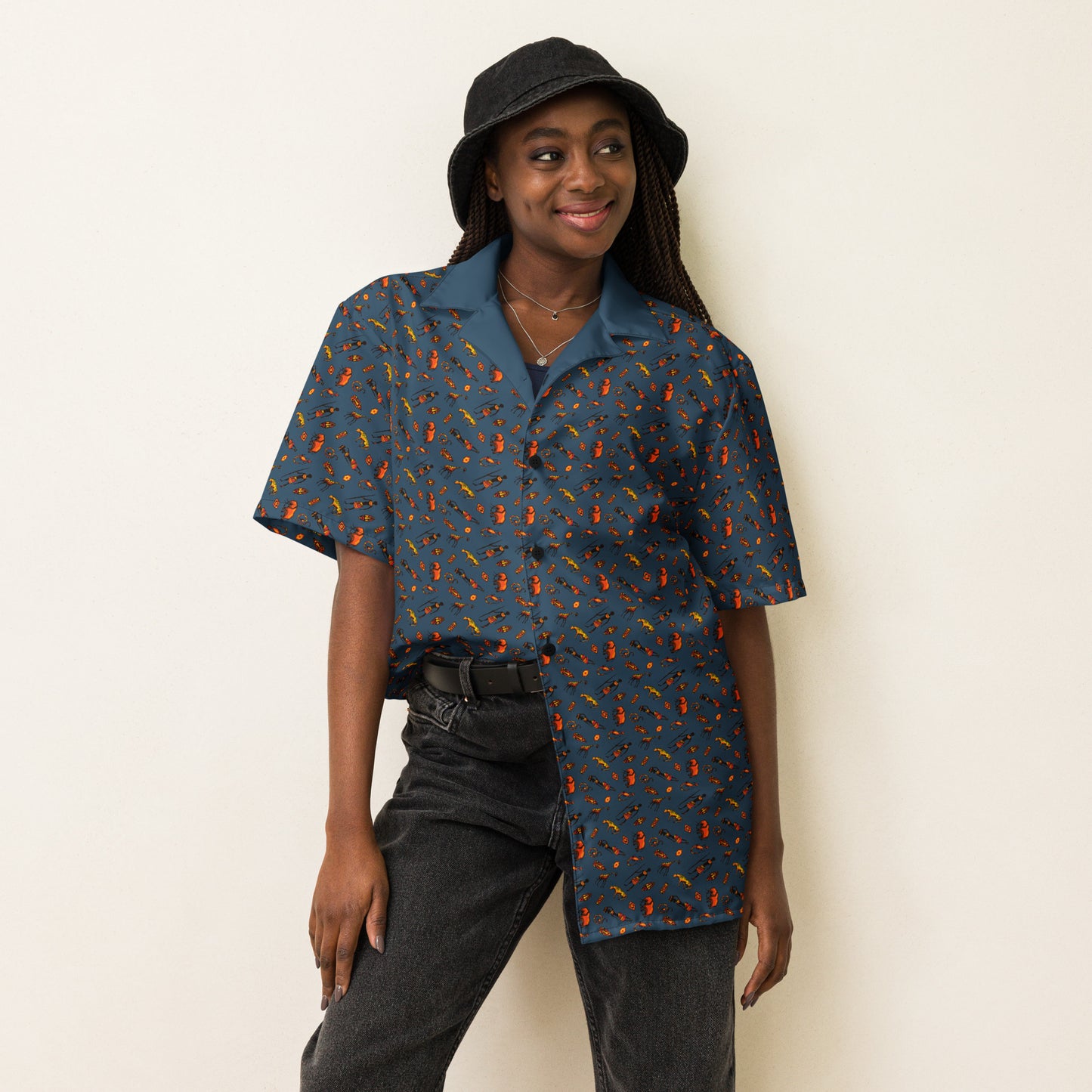 African Bushman & Wildlife Unisex button shirt - Blue