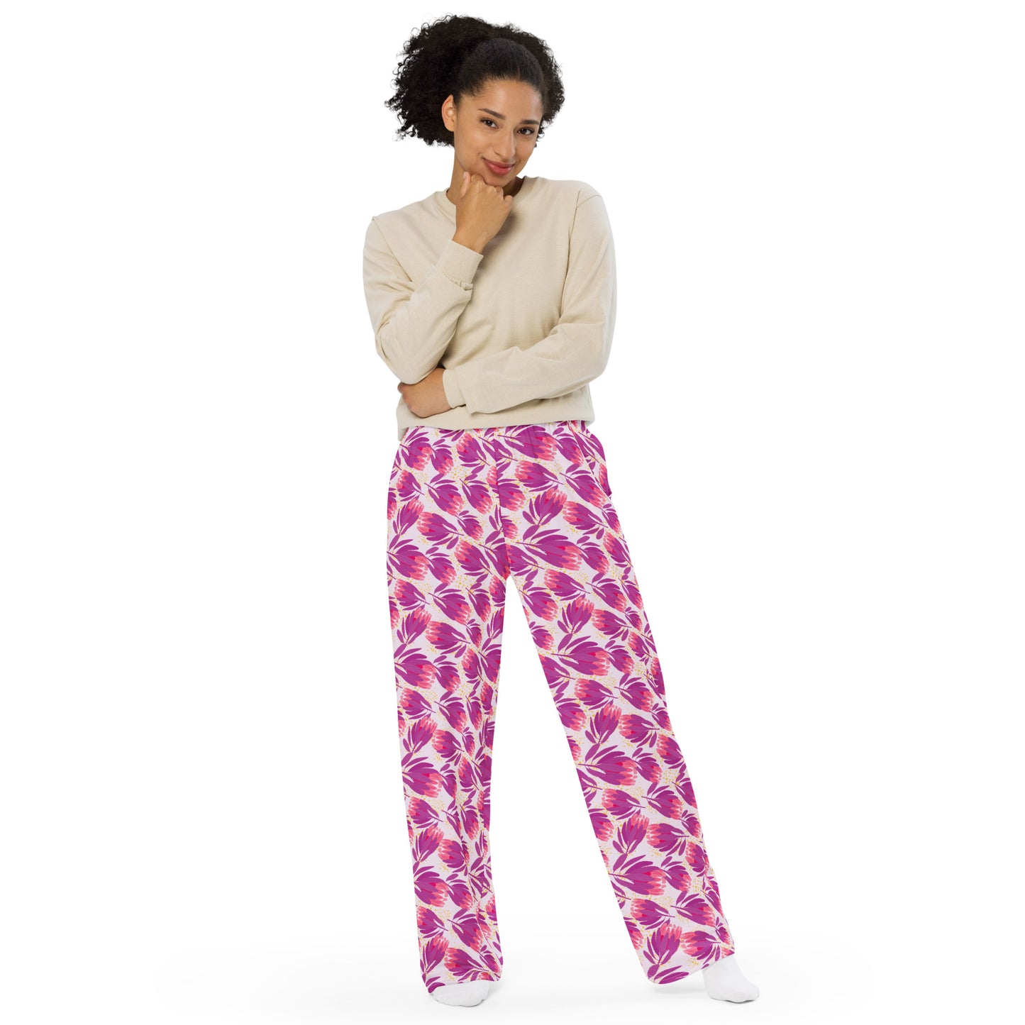 Protea in Pink unisex wide-leg pajama pants