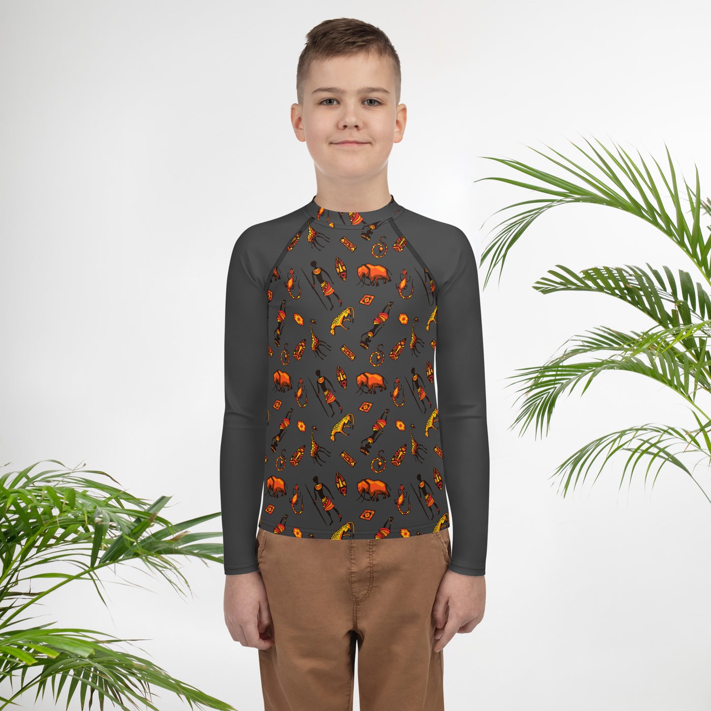 African Bushman & Wildlife Youth Rash Guard - Gray