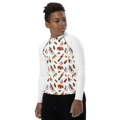 African Bushman & Wildlife Youth Rash Guard - White