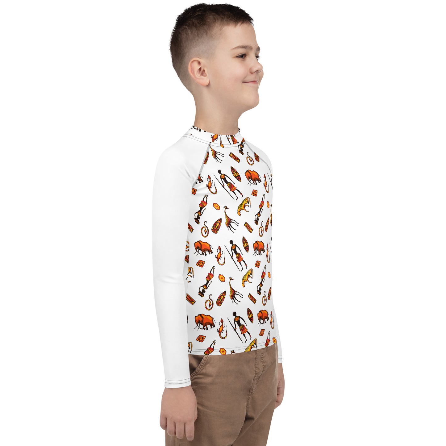 African Bushman & Wildlife Youth Rash Guard - White