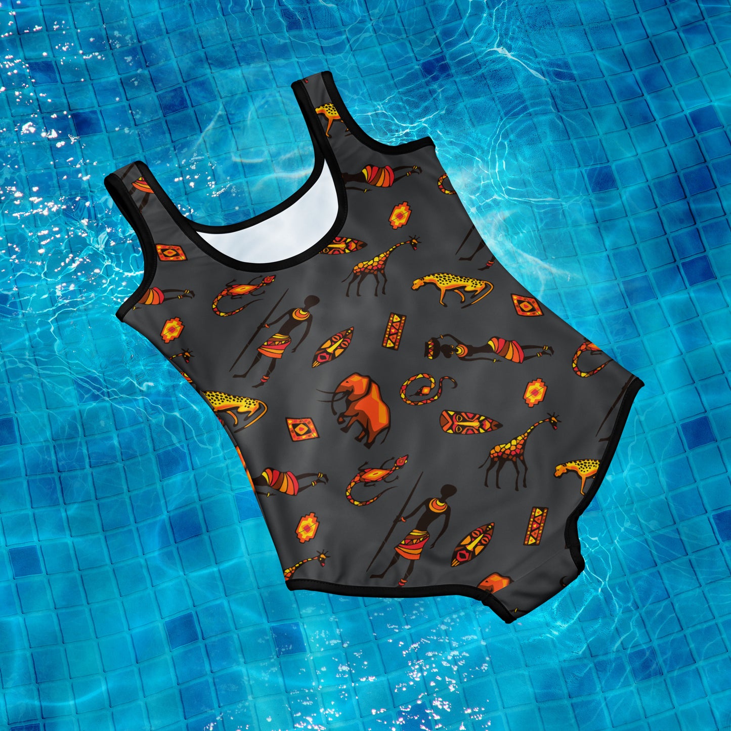 African Bushman & Wildlife Youth Swimsuit - Gray