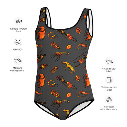 African Bushman & Wildlife Youth Swimsuit - Gray