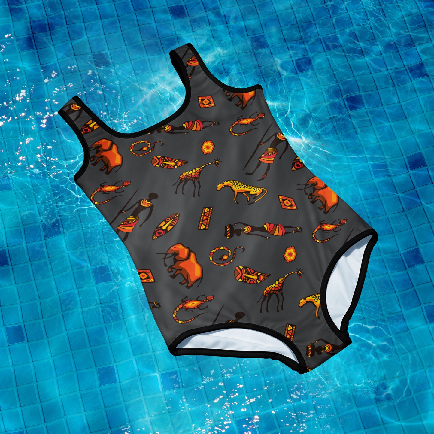 African Bushman & Wildlife Youth Swimsuit - Gray