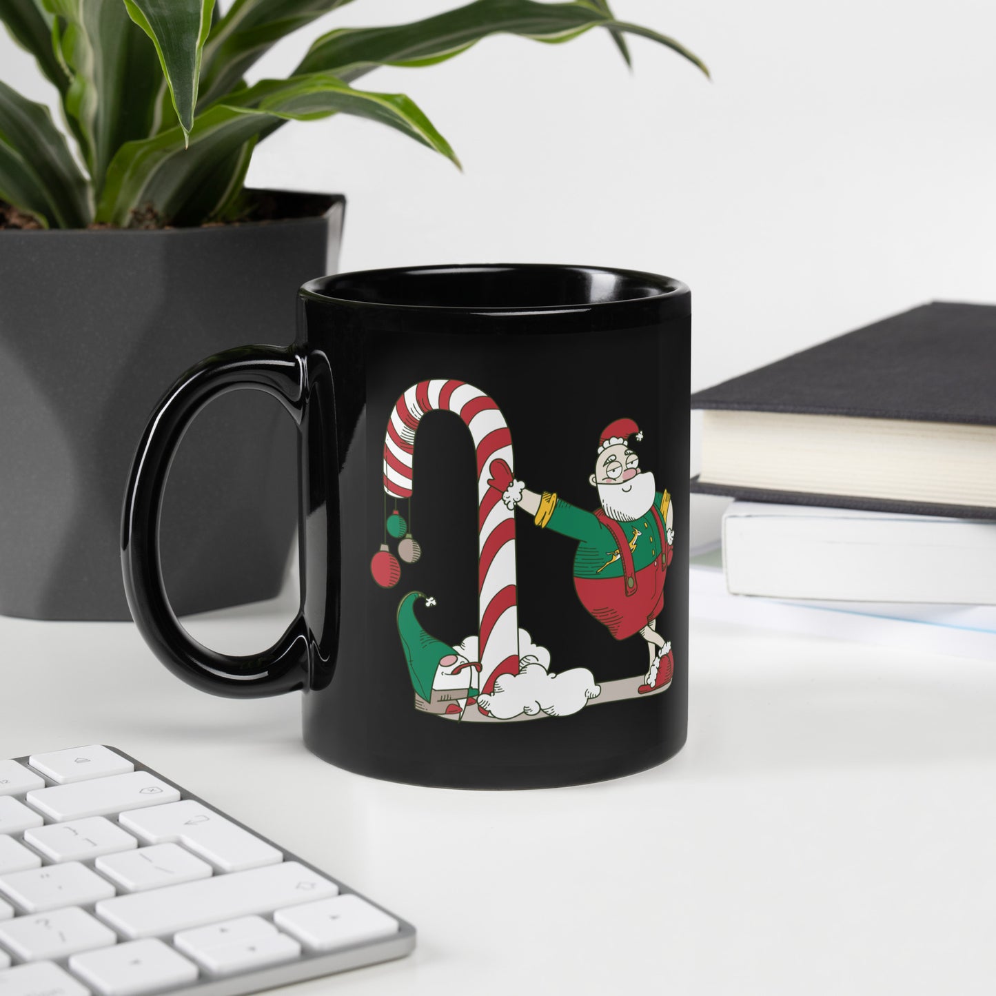 Santa Bok Fan Candy Cane Black Glossy Christmas Mug