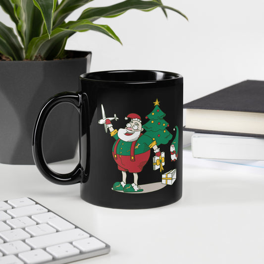 Santa Bok Fan with Plane Black Glossy Christmas Mug