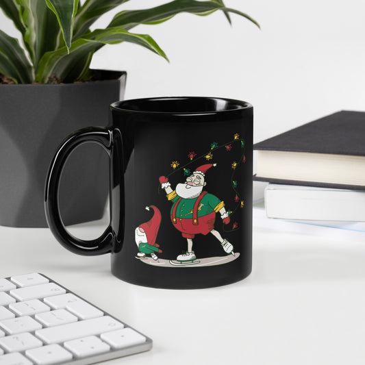 Santa Bok Fan Ice Skating Christmas Black Glossy Mug