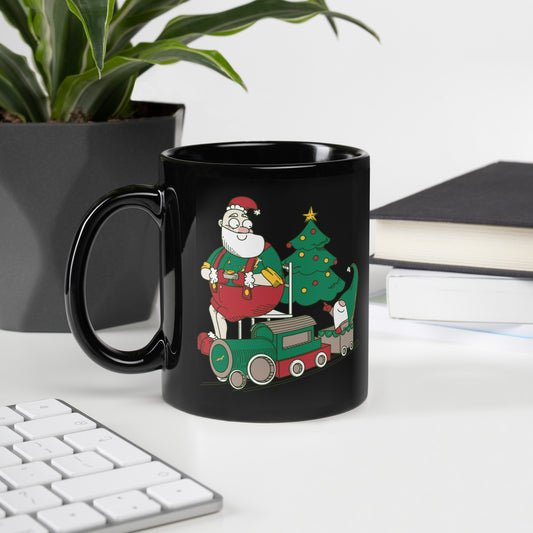 Santa Bok Fan Train Christmas Black Glossy Mug