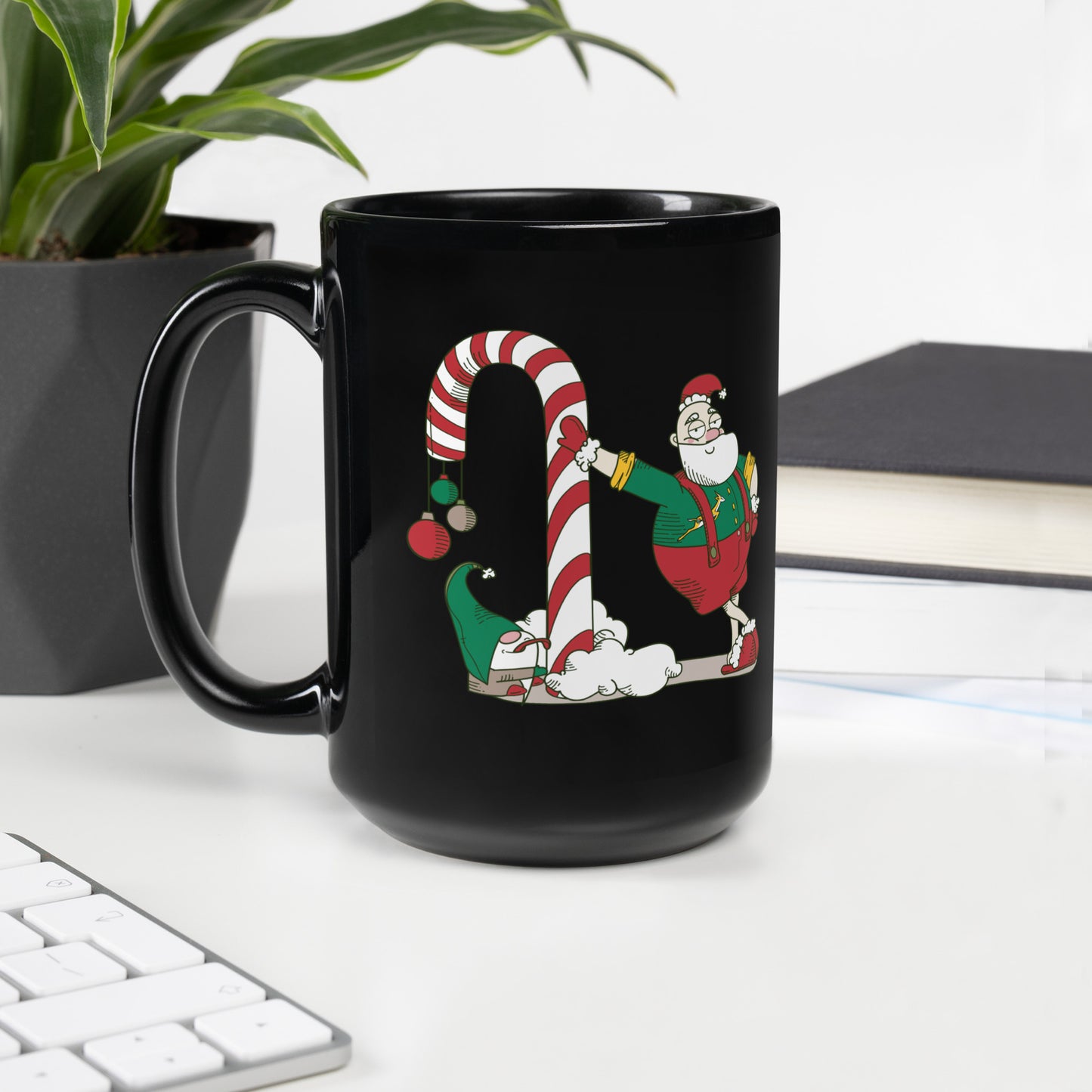 Santa Bok Fan Candy Cane Black Glossy Christmas Mug