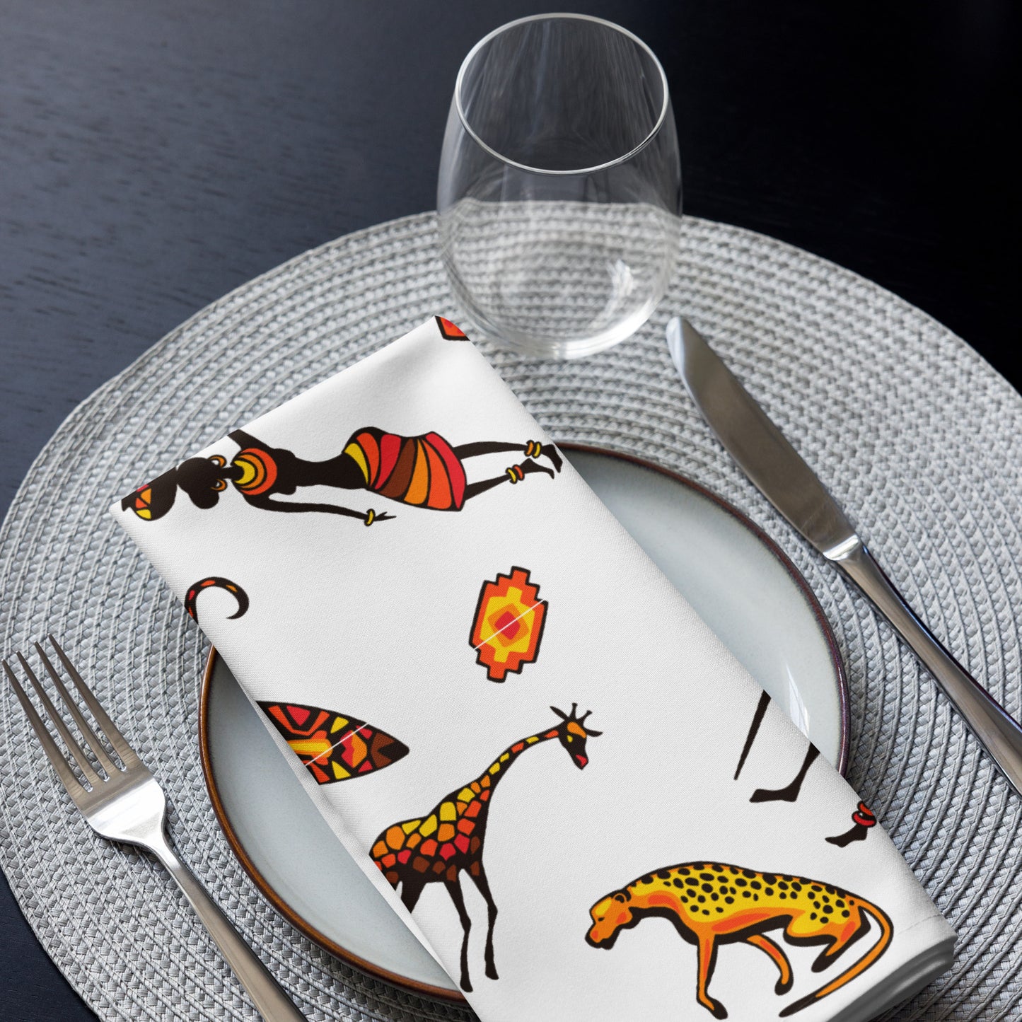 African Bushman & Wildlife Cloth napkin set - White