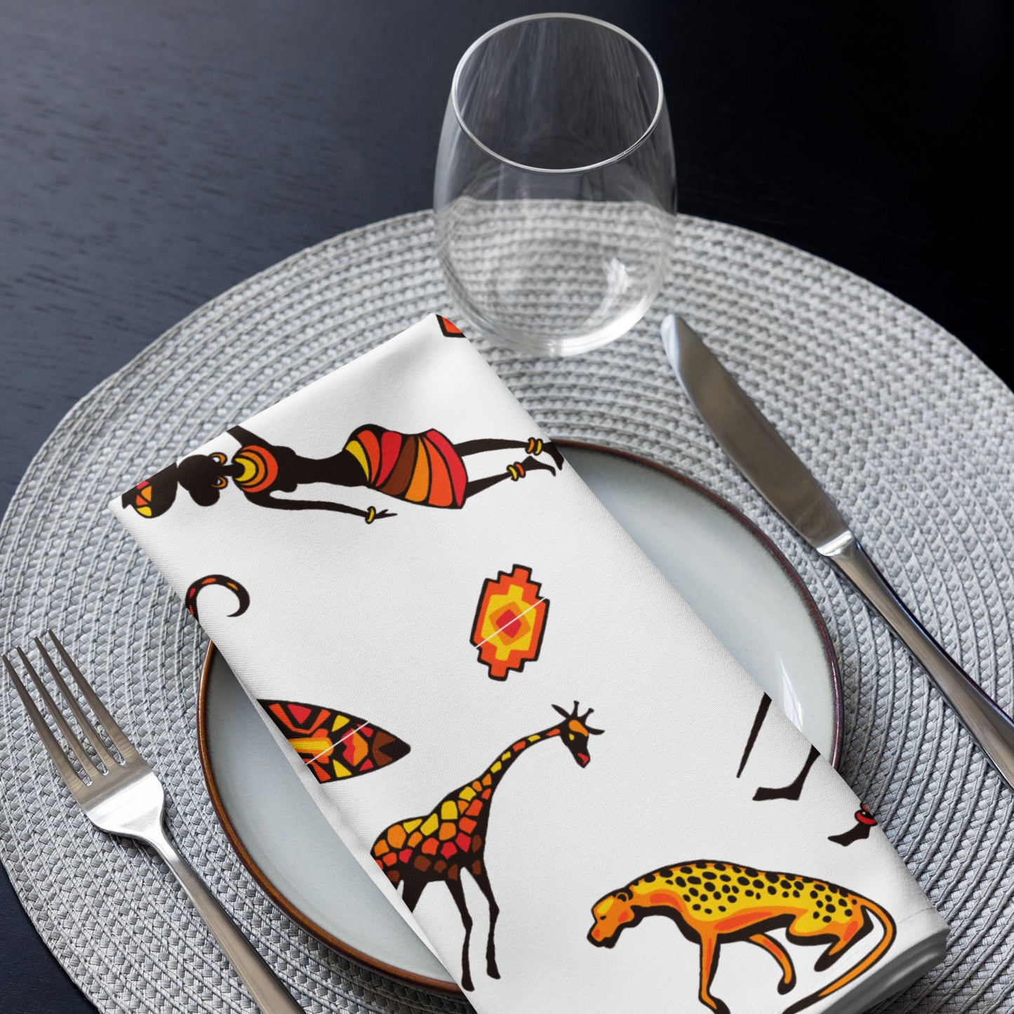 African Bushman & Wildlife Cloth napkin set - White