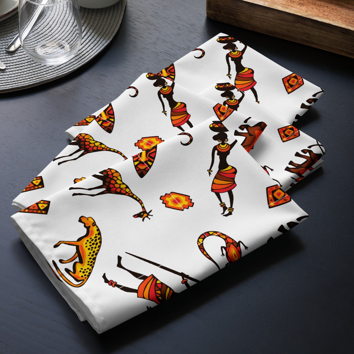 African Bushman & Wildlife Cloth napkin set - White