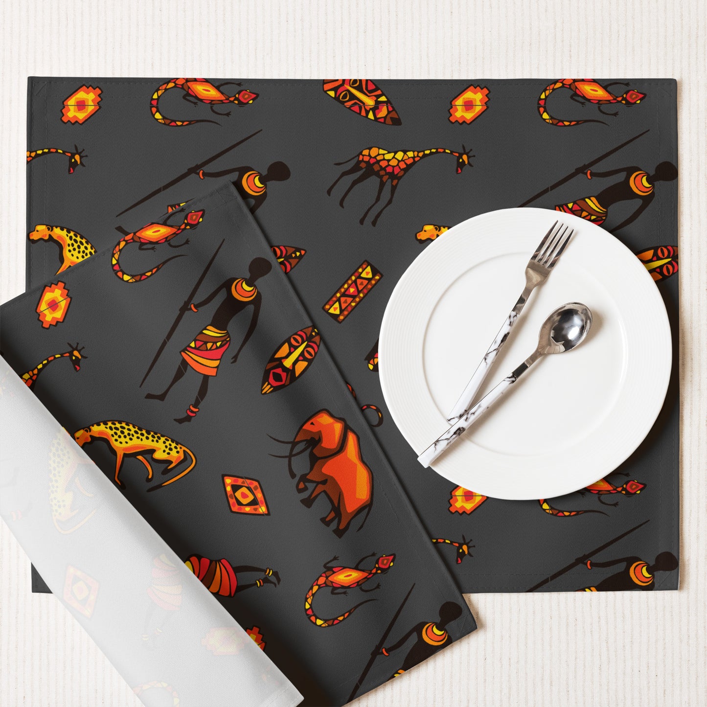 African Bushman & Wildlife Placemat Set - Gray