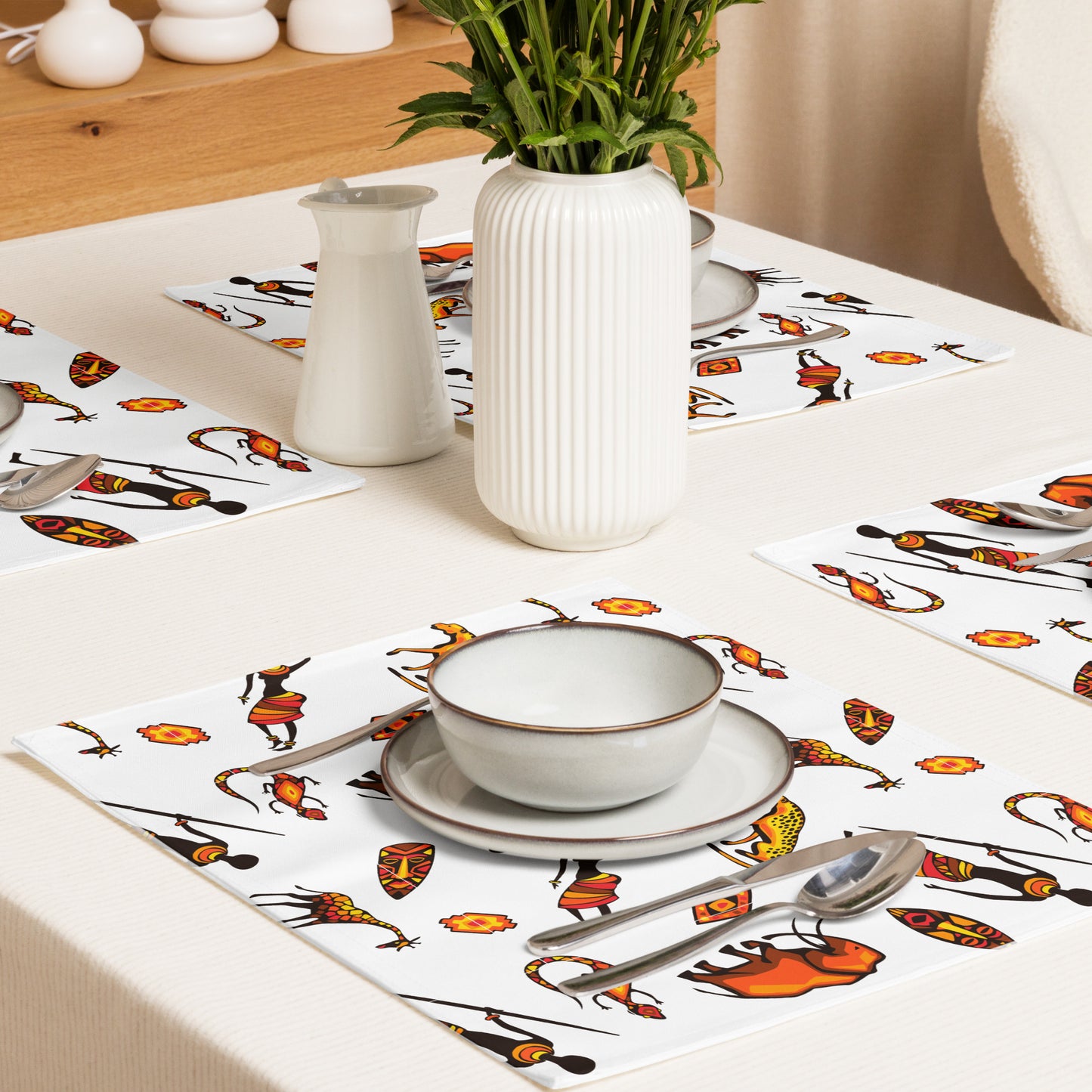 African Bushman & Wildlife Placemat Set - White