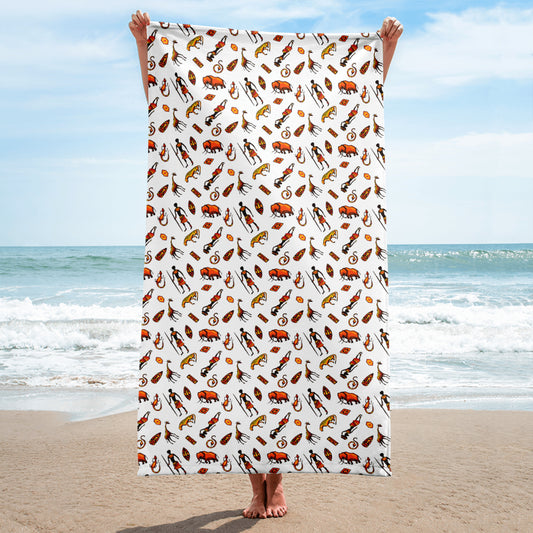 African Bushman & Wildlife Beach Towel - White