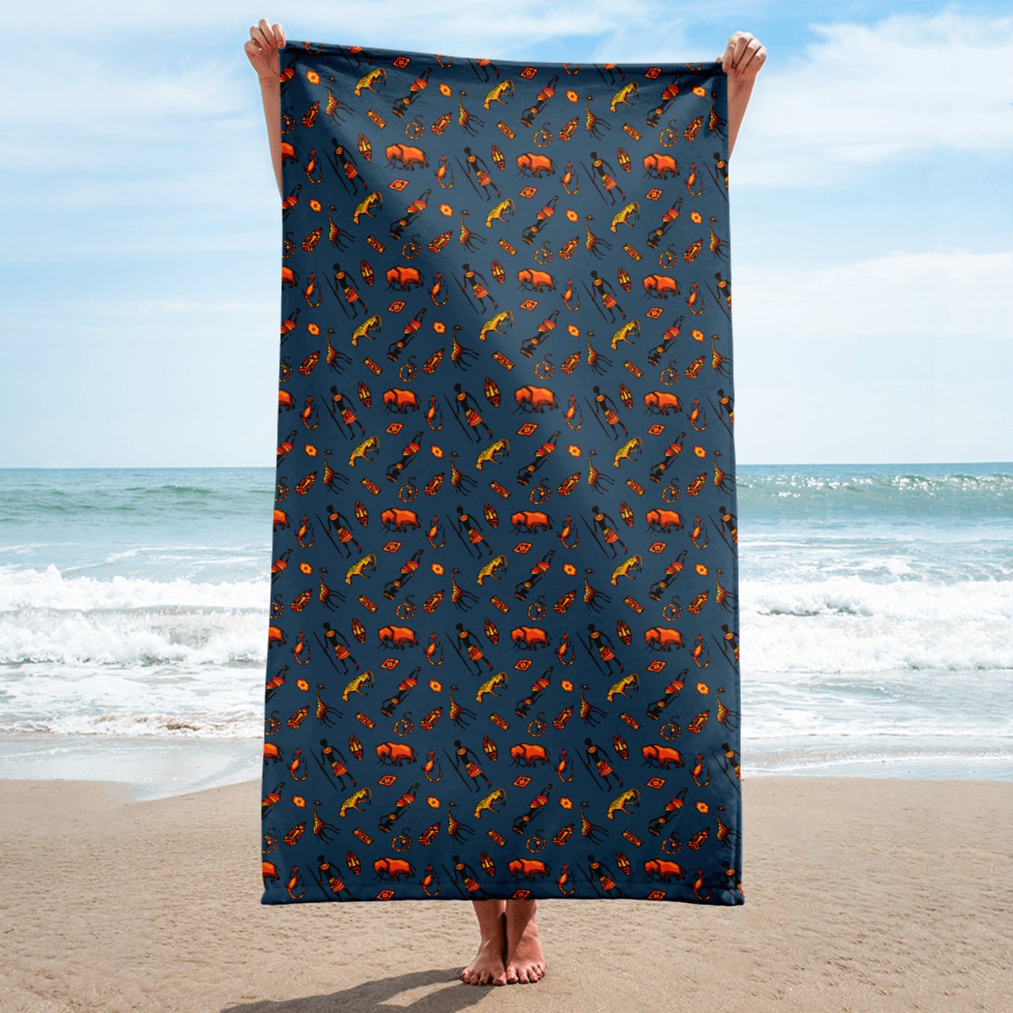 African Bushman & Wildlife Beach Towel - Blue