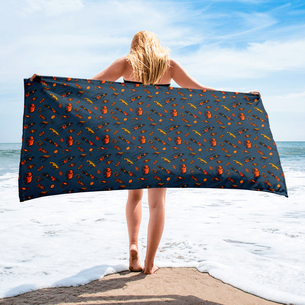 African Bushman & Wildlife Beach Towel - Blue