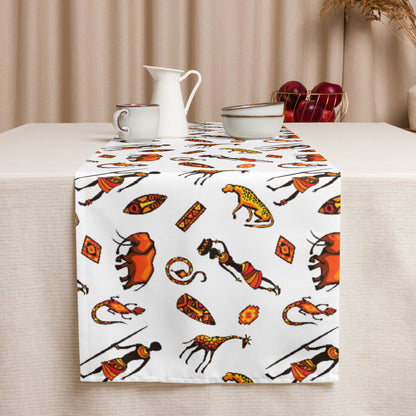 African Bushman & Wildlife Table runner - White