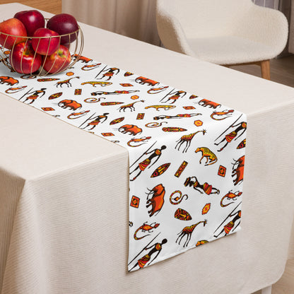 African Bushman & Wildlife Table runner - White