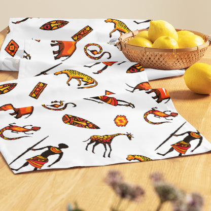 African Bushman & Wildlife Table runner - White