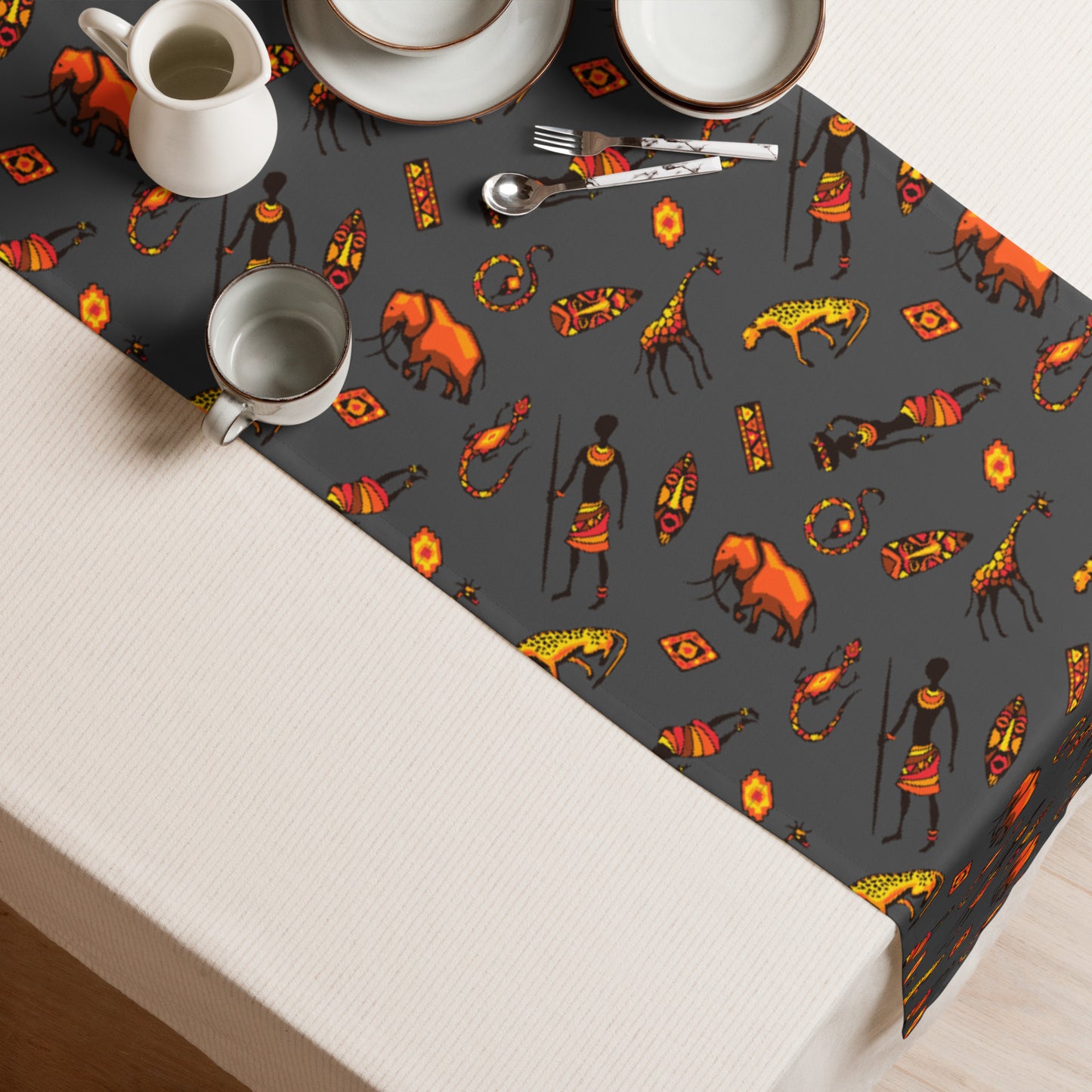 African Bushman & Wildlife Table runner - Gray