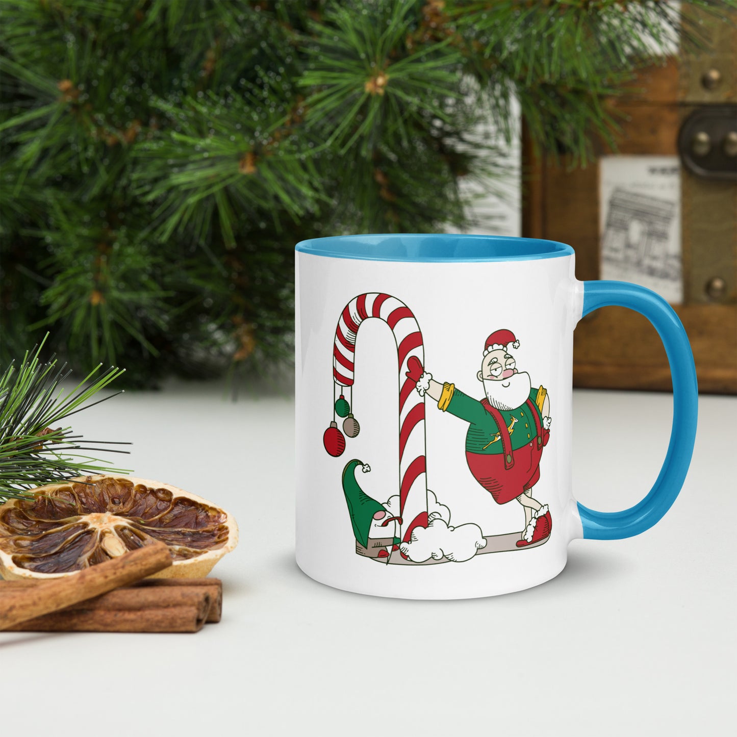 Santa Bok Fan Candy Cane Christmas Mug with Color Inside