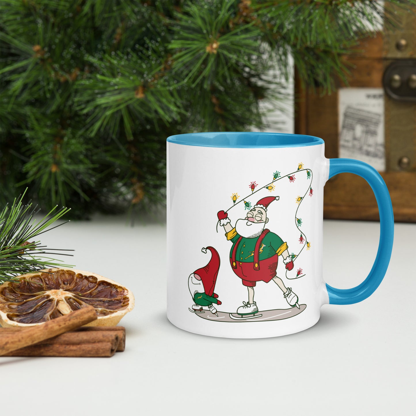 Santa Bok Fan Ice Skating Christmas Mug with Color Inside