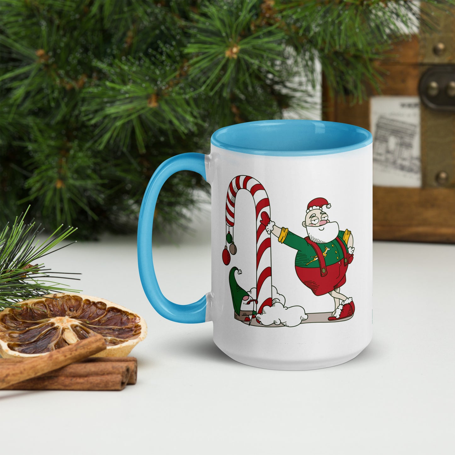 Santa Bok Fan Candy Cane Christmas Mug with Color Inside