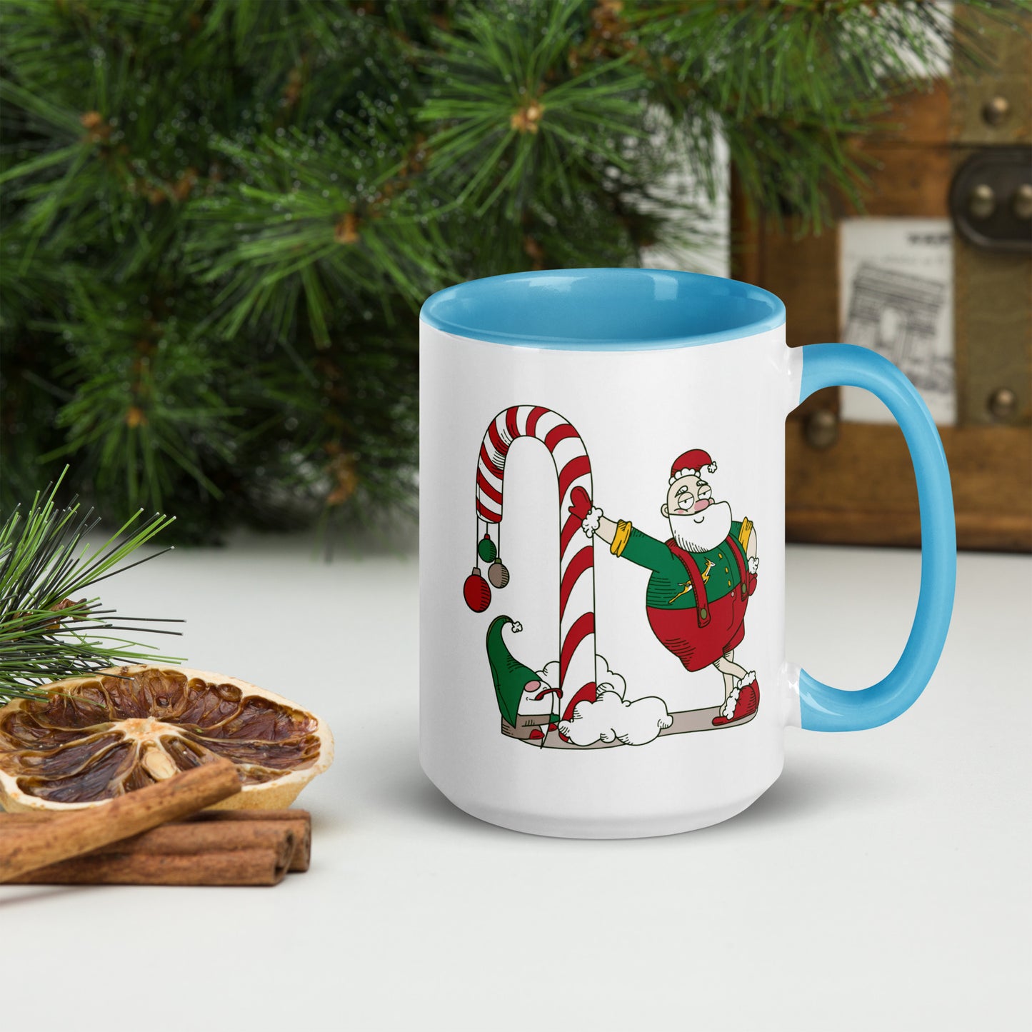 Santa Bok Fan Candy Cane Christmas Mug with Color Inside